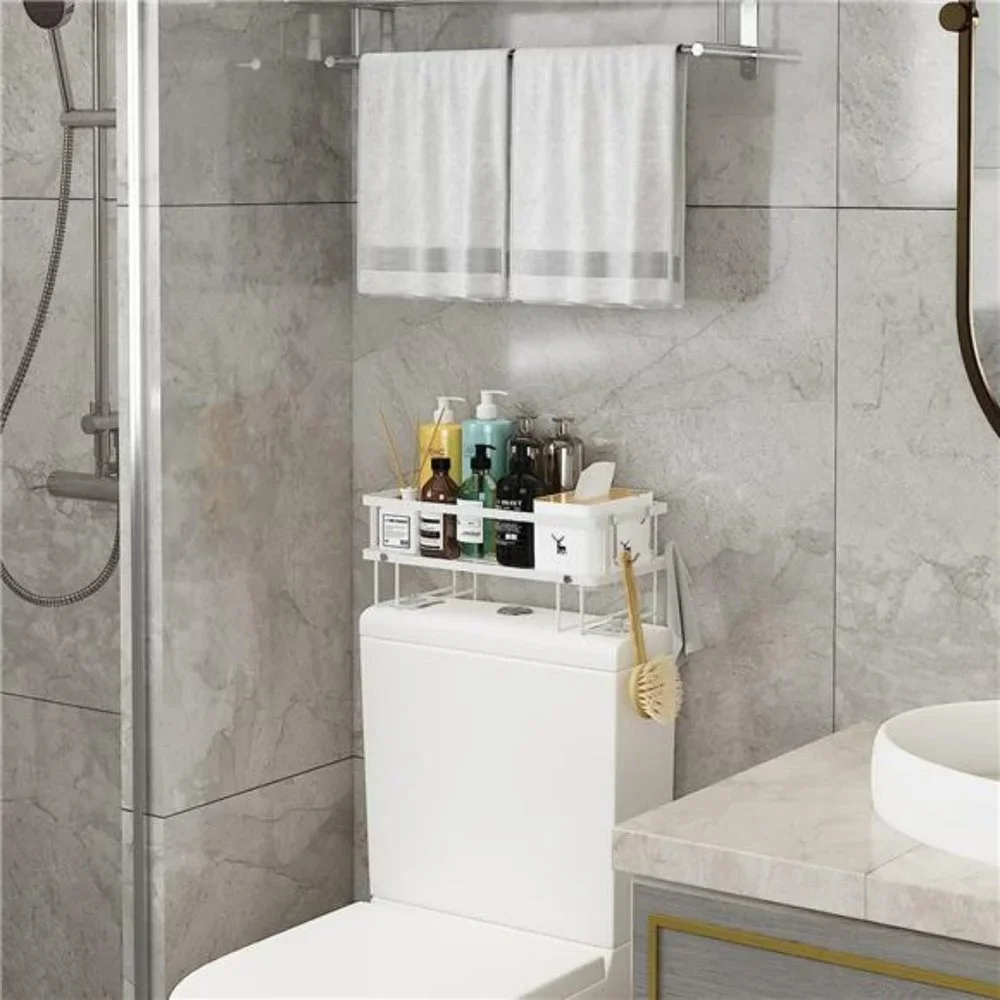 Bathroom Shelf with 2 Hooks, Freestanding & No Drilling Design, (White, 1-Tier)
